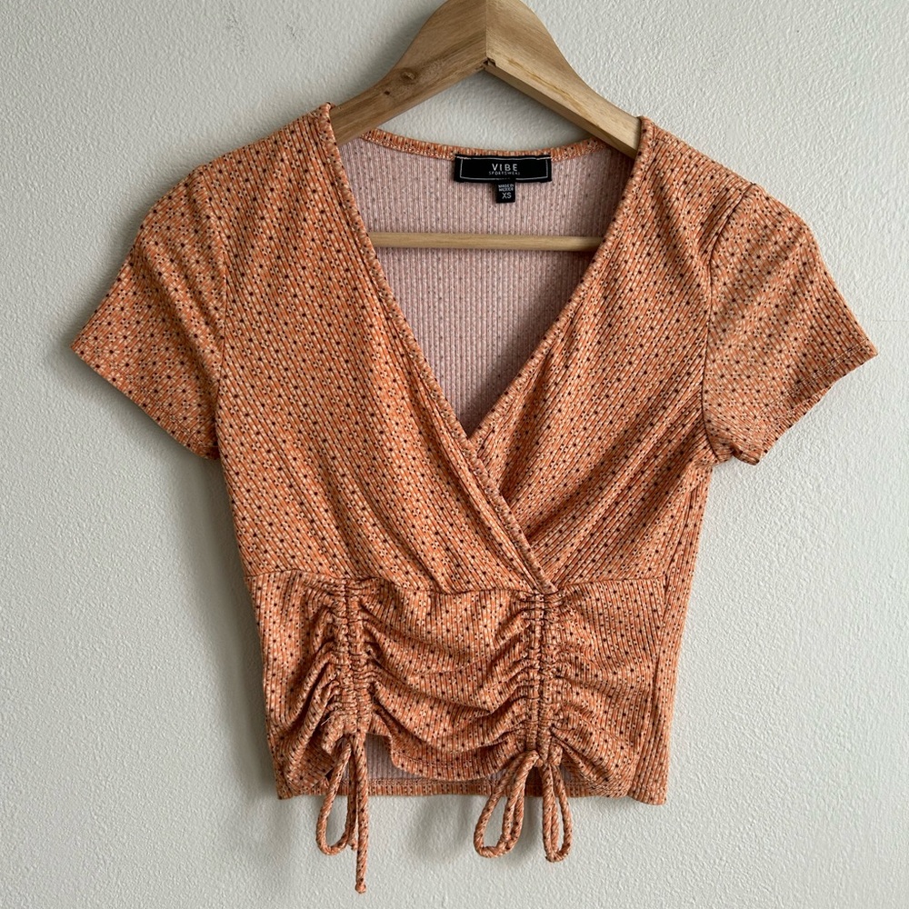 Orange Floral V Neck Ruched Crop Top